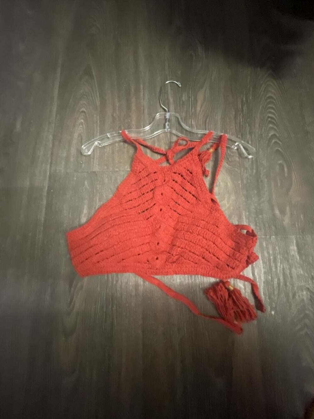 Zara Red Crochet Halter Neck Crop Top with Tassels